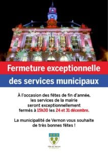 Fermeture exceptionnelle des services de la mairie fêtes de fin d'année Vernon 2018